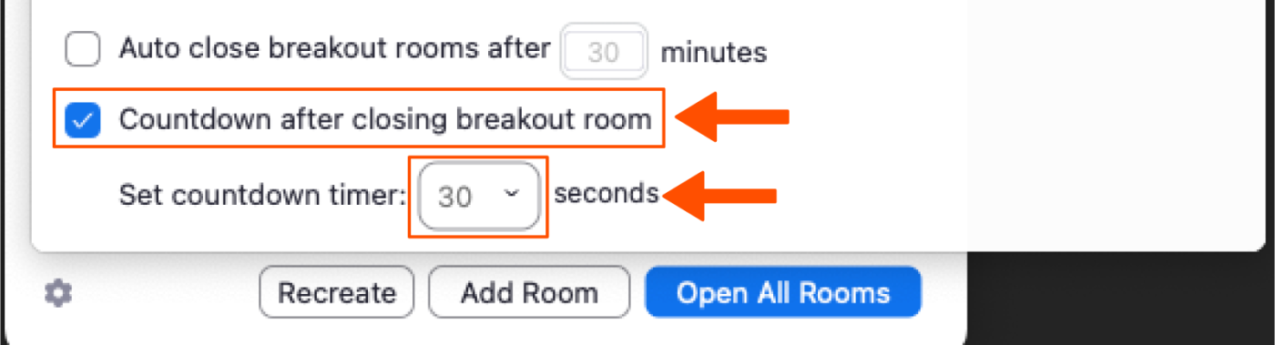Screenshot of the same settings window in Zoom highlighting a box you can check to enable a countdown timer to close the breakout rooms