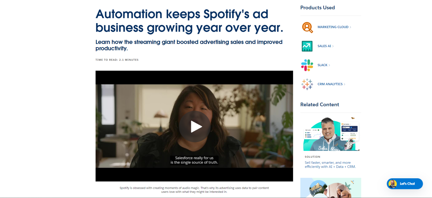 Screenshot of Spotify and Salesforce's case study showing a still of a video with the title "Automation keeps Spotify's ad business growing year over year"