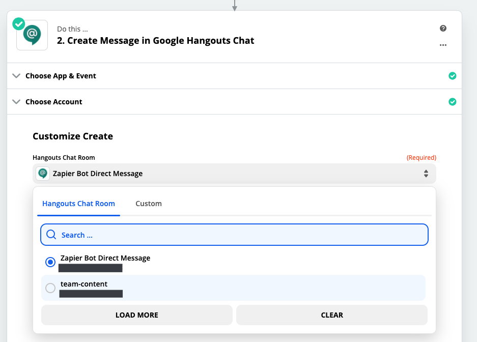 A screenshot of the Google Hangouts Chat portion of the Zap Editor. A dropdown menu next to the Chat Room field lists Zapier Bot Direct Message among a list of rooms.