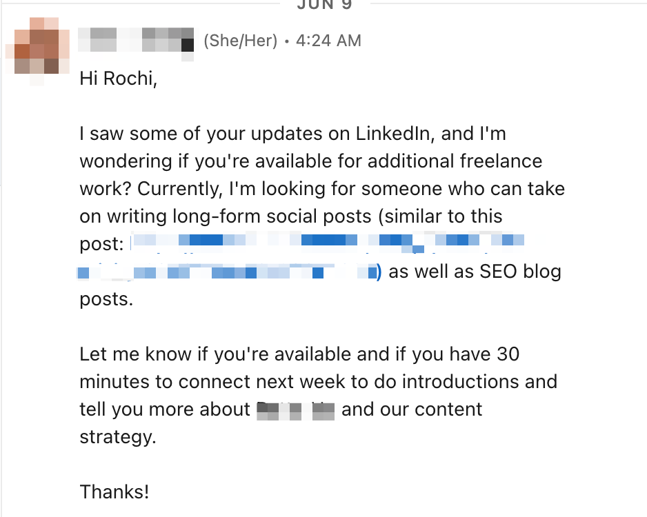 A message from a potential client to Rochi, saying they saw her content on LinkedIn and would like to chat