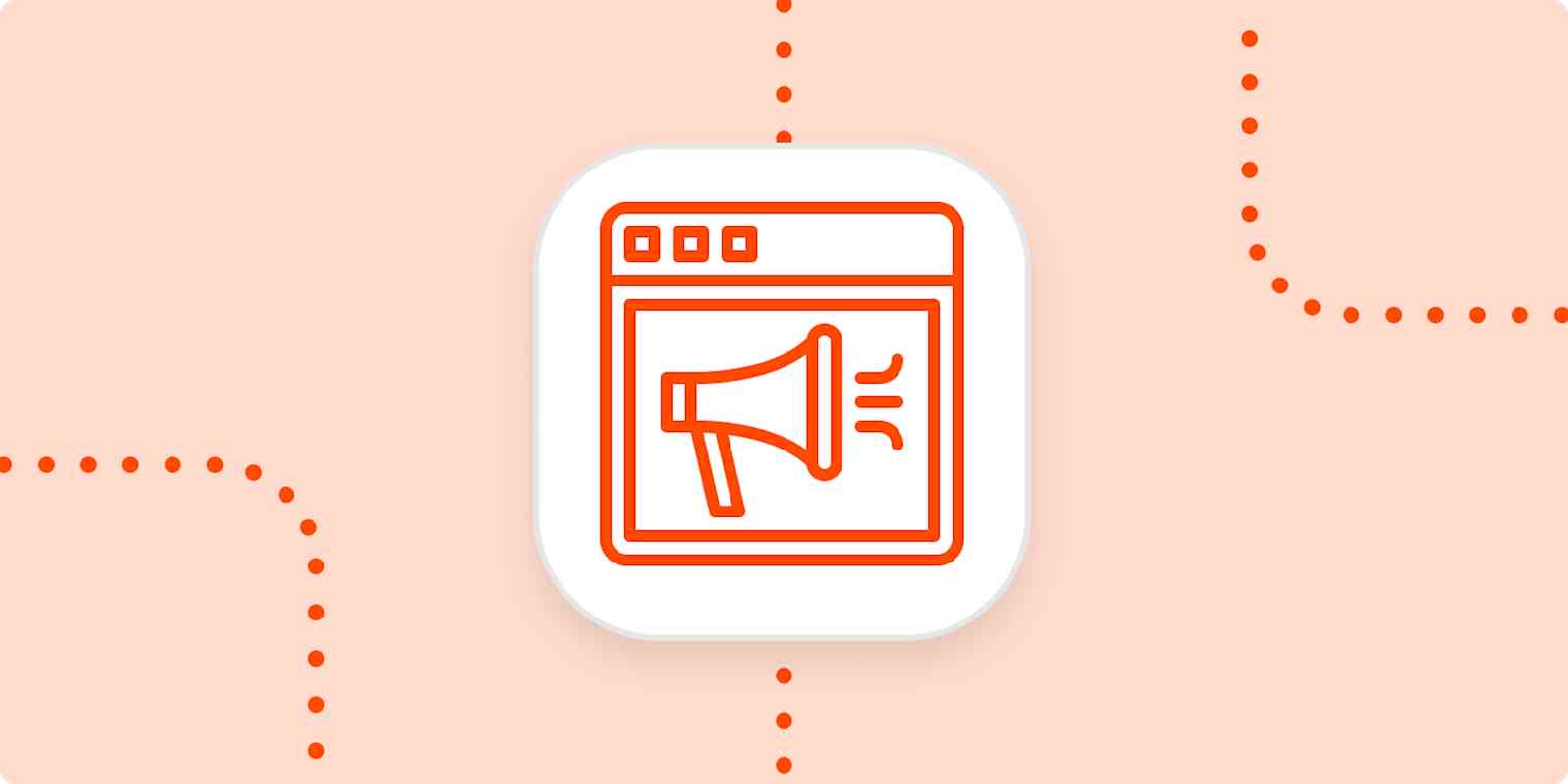 zapier-partner-app-directory-marketing-00-hero Un mégaphone dans une page Web stylisée. L'icône est en orange vif, à l'intérieur d'un carré blanc aux coins arrondis, et placée sur un fond orange clair.