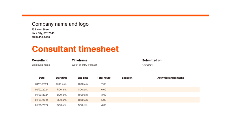 Screenshot of Zapier's consultant timesheet template showing start and end times, total hours, location, and a place for notes for one week