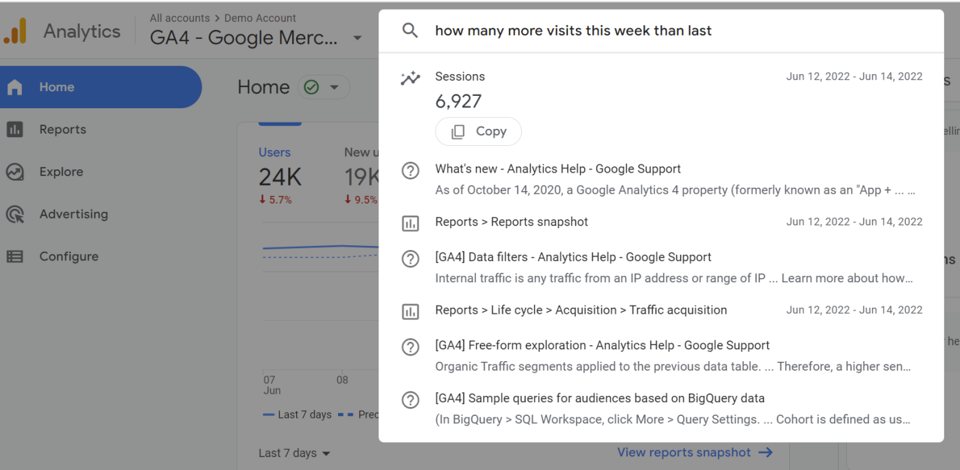 Google Analytics 4 search bar, with the query "how many more visit this week than last" and the answer appearing directly in the search bar