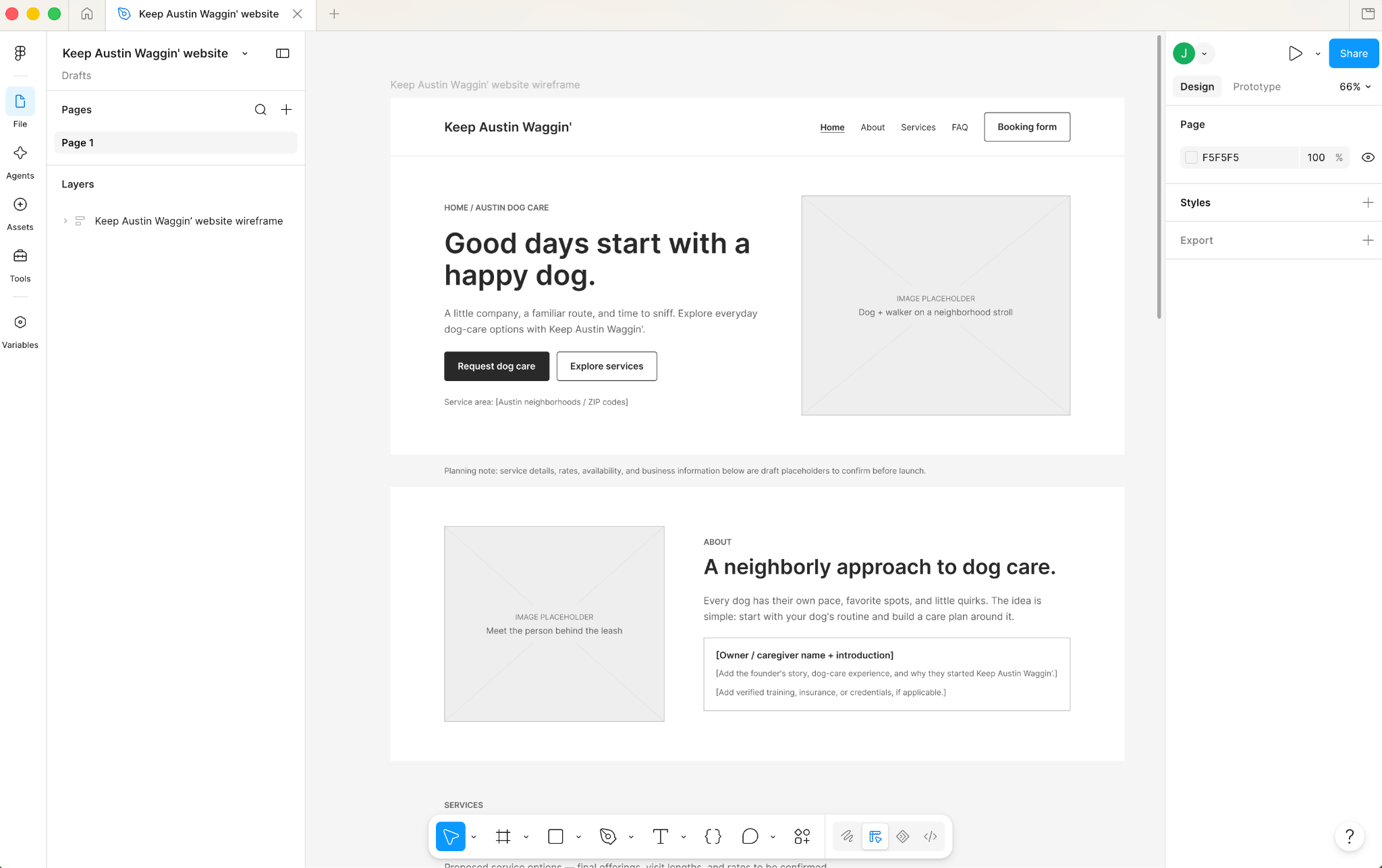 Figma canvas with a website wireframe