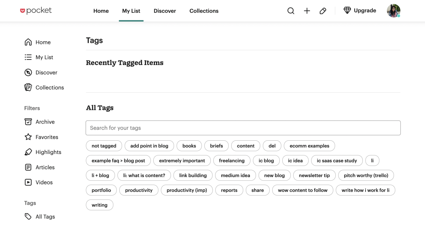 Tags in Pocket, with a search bar to search all your tags