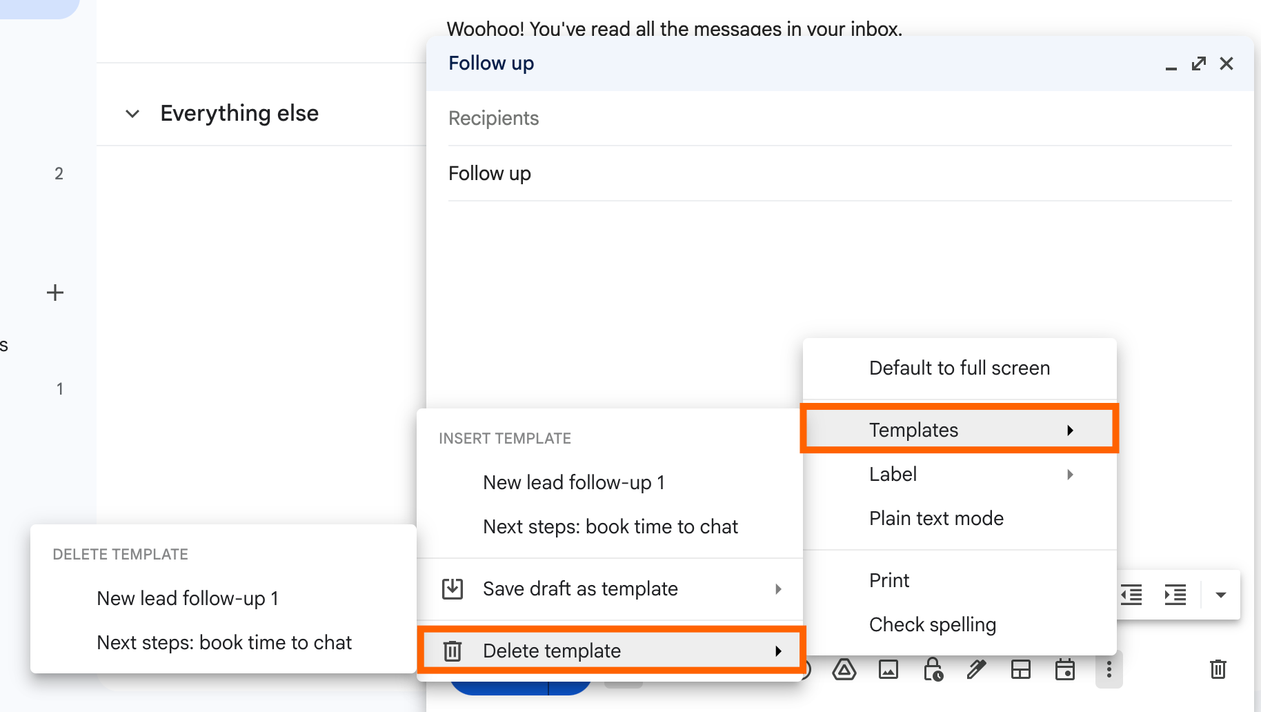 List of email templates in Gmail to delete. 