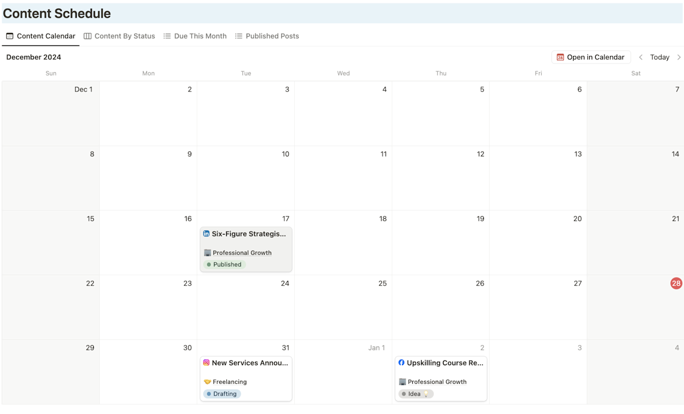 A calendar view on the Notion social media planner