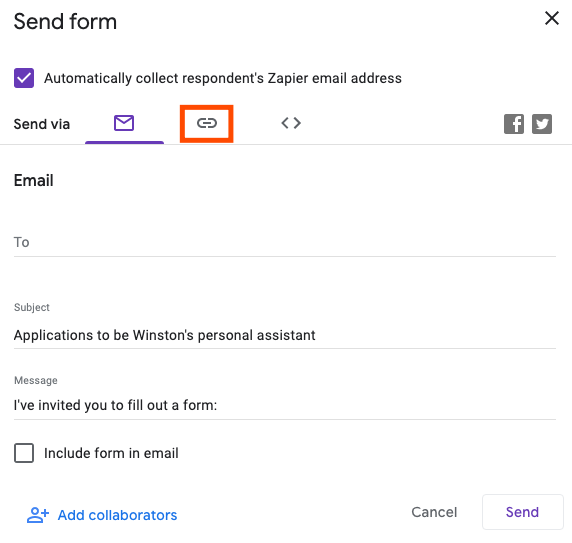 A Google Form pop-up of sharing options. A red box highlights a chainlink symbol. 