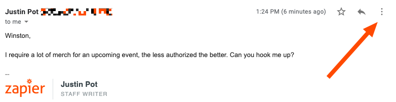 An email in Gmail. A red arrow points to three vertical dots on the upper-right corner of the email message.