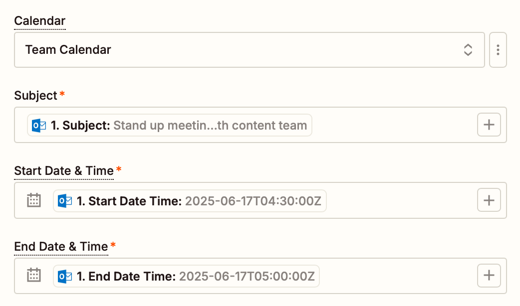 Screenshot of action set up