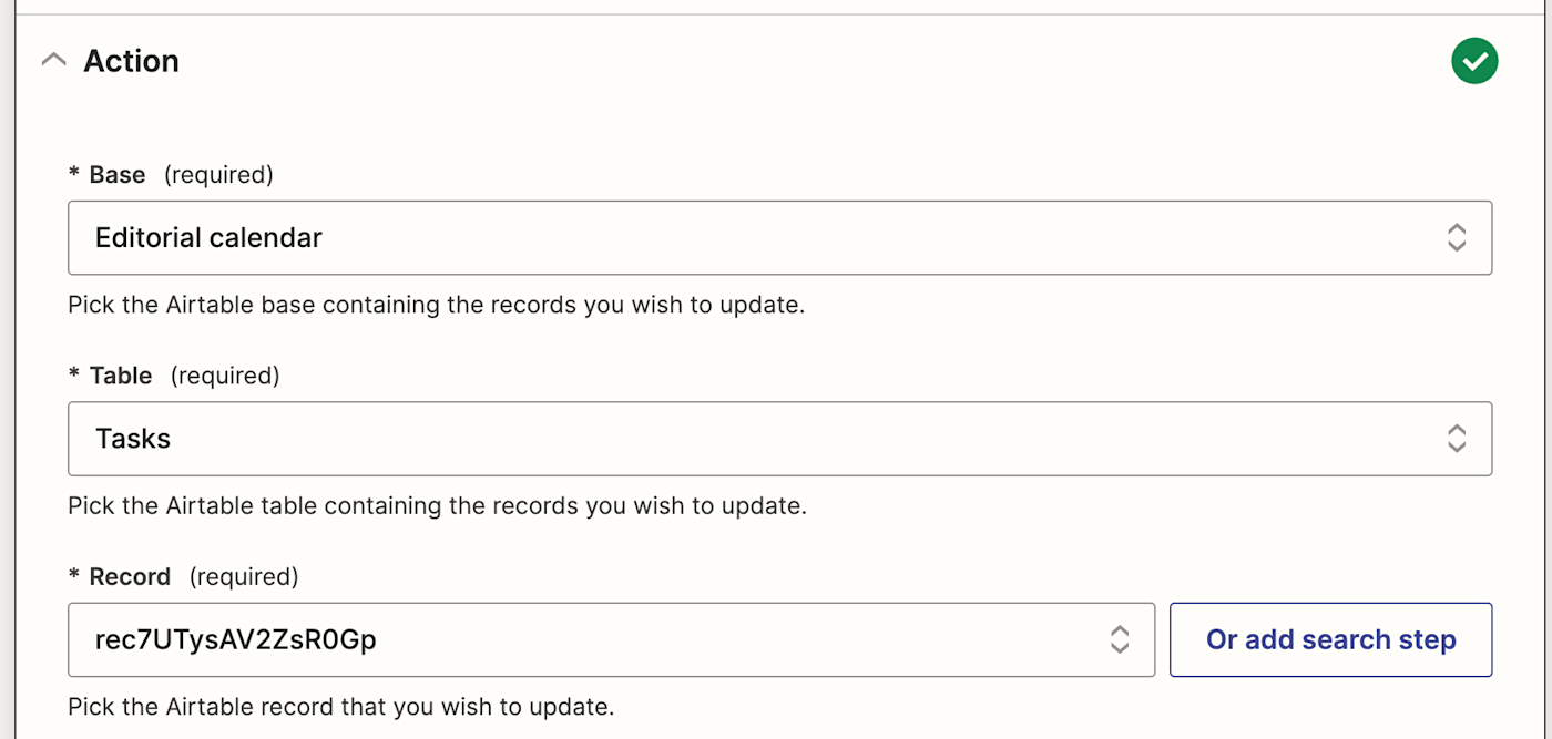 Airtable action set up in the Zap editor