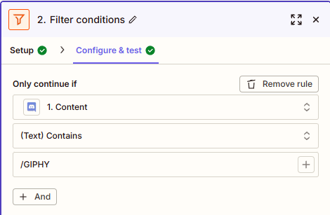 A filter step with "(Text) Contains" selected in a field, and "/GIPHY".