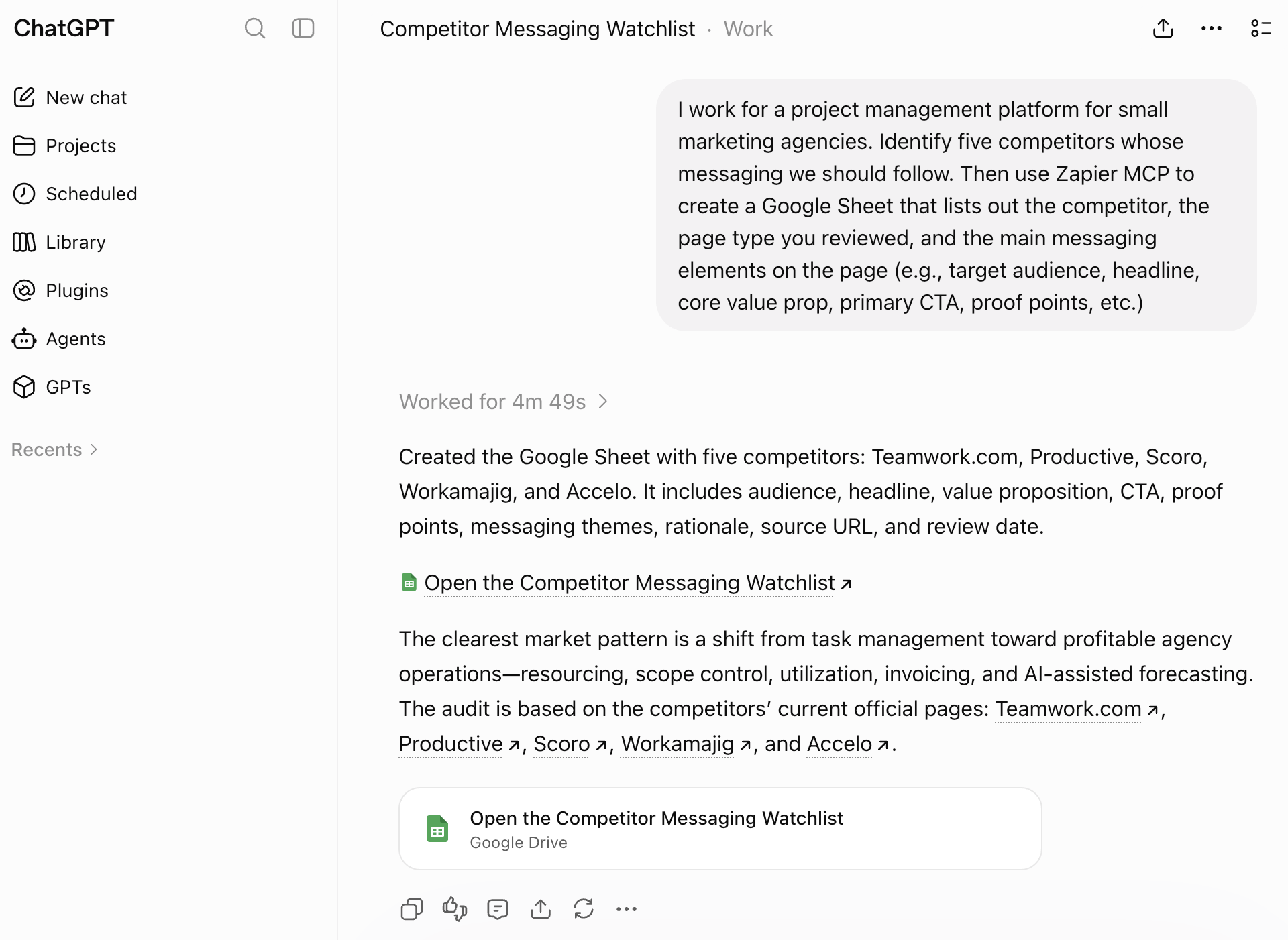 A ChatGPT window with a conversation that shows the AI doing research on competitors, then connecting to Zapier MCP to build out a Google Sheets spreadsheet.