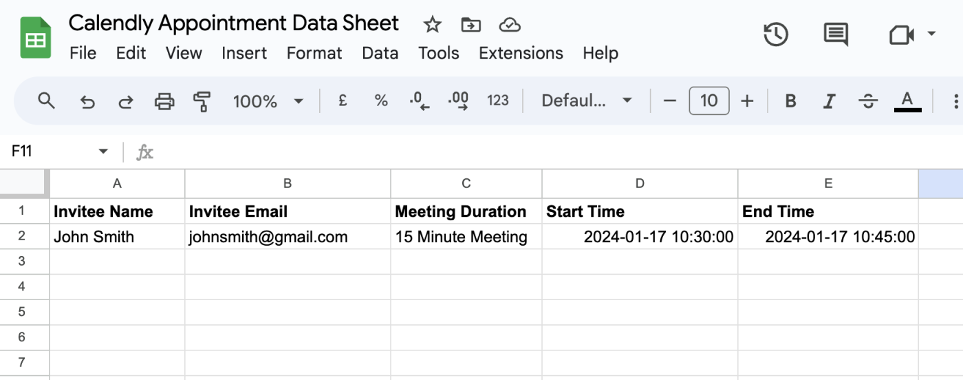 A Google Sheets spreadsheet with Calendly event details added in the second row.