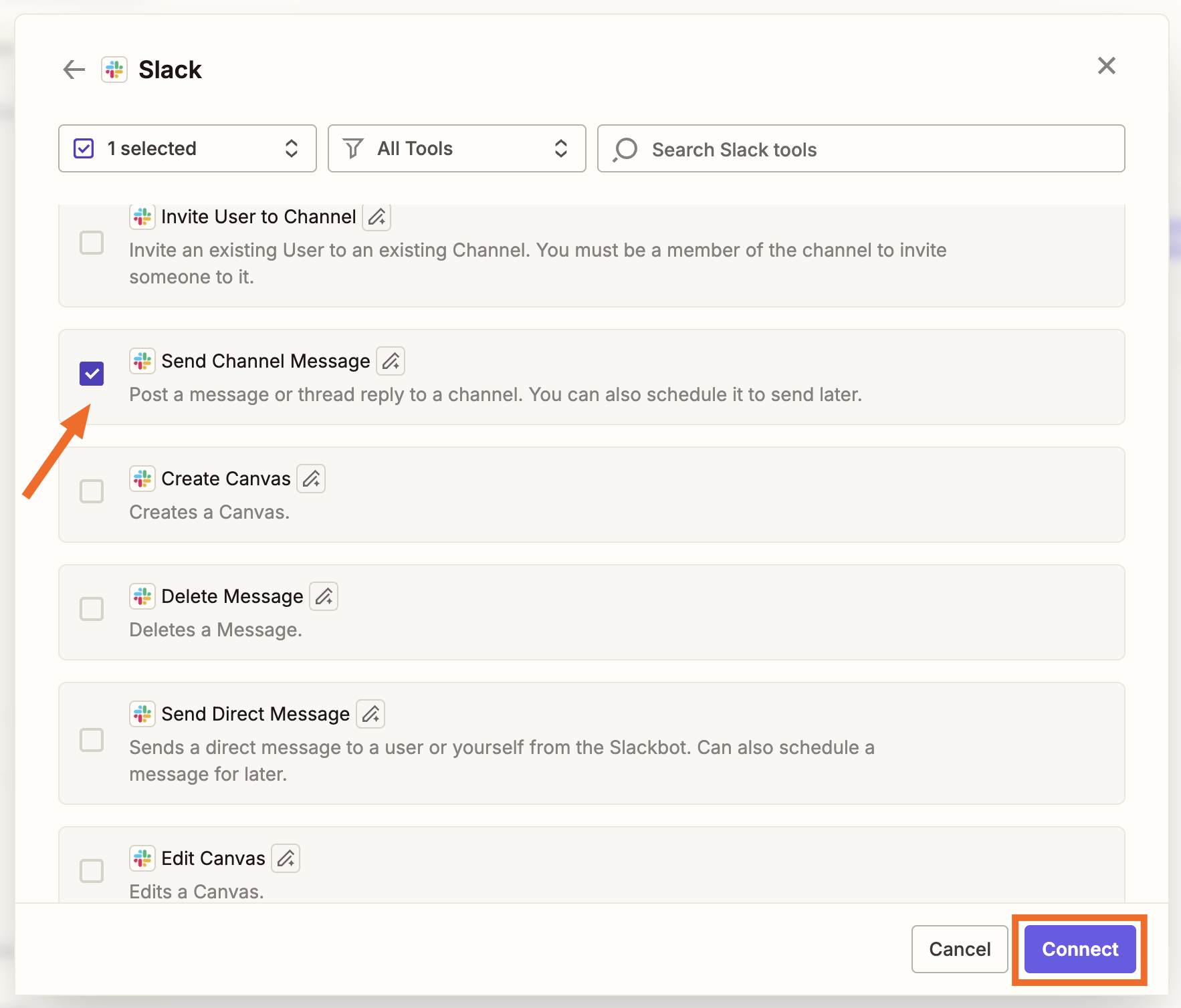 An orange arrow points to a checked checkbox next to the Send Channel Message action.