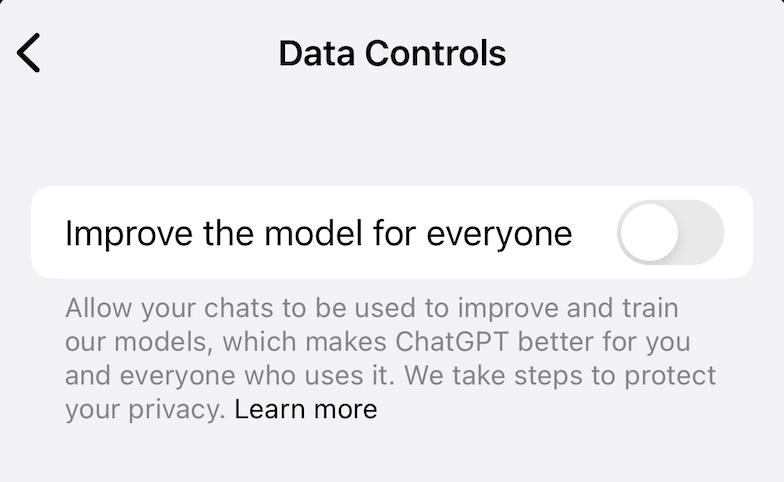 Data controls menu in the ChatGPT mobile app with the toggle next to improve the model for everyone turned off.