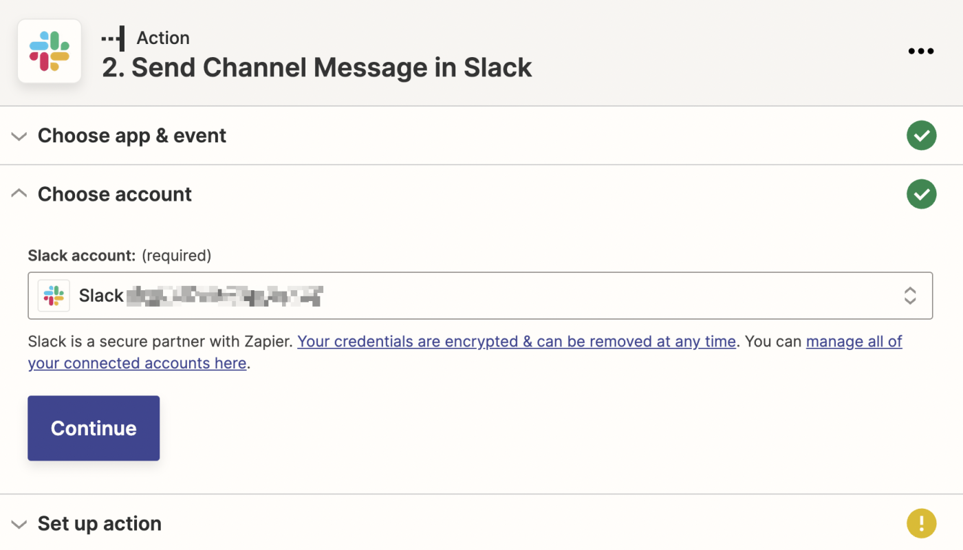 Connecting a Slack account to Zapier.