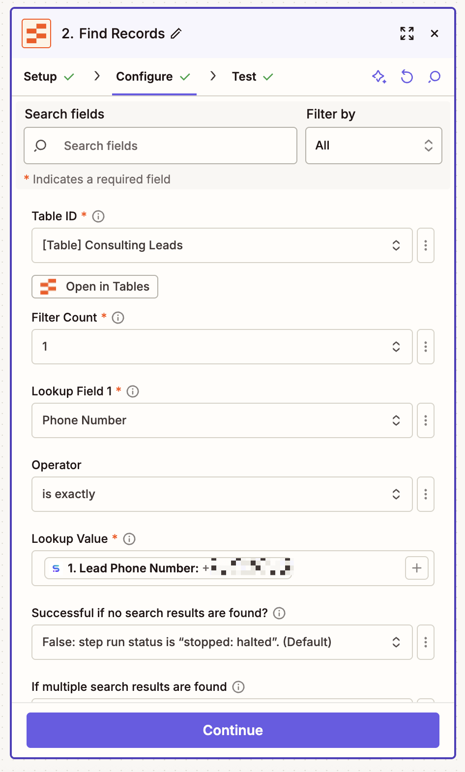 The configuration for a Zapier Tables search step in the Zap editor