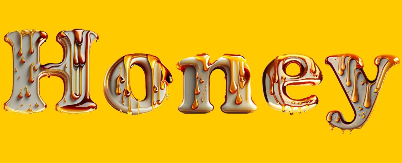 The word Honey on a yellow background, with honey dripping down each letter