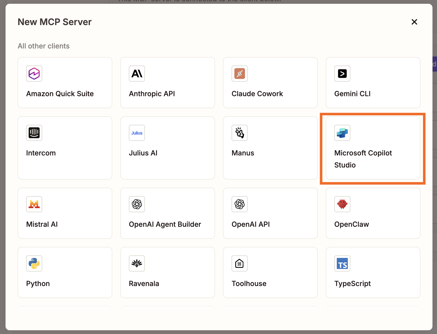 Under New MCP Server, an orange box is shown around Microsoft Copilot Studio.