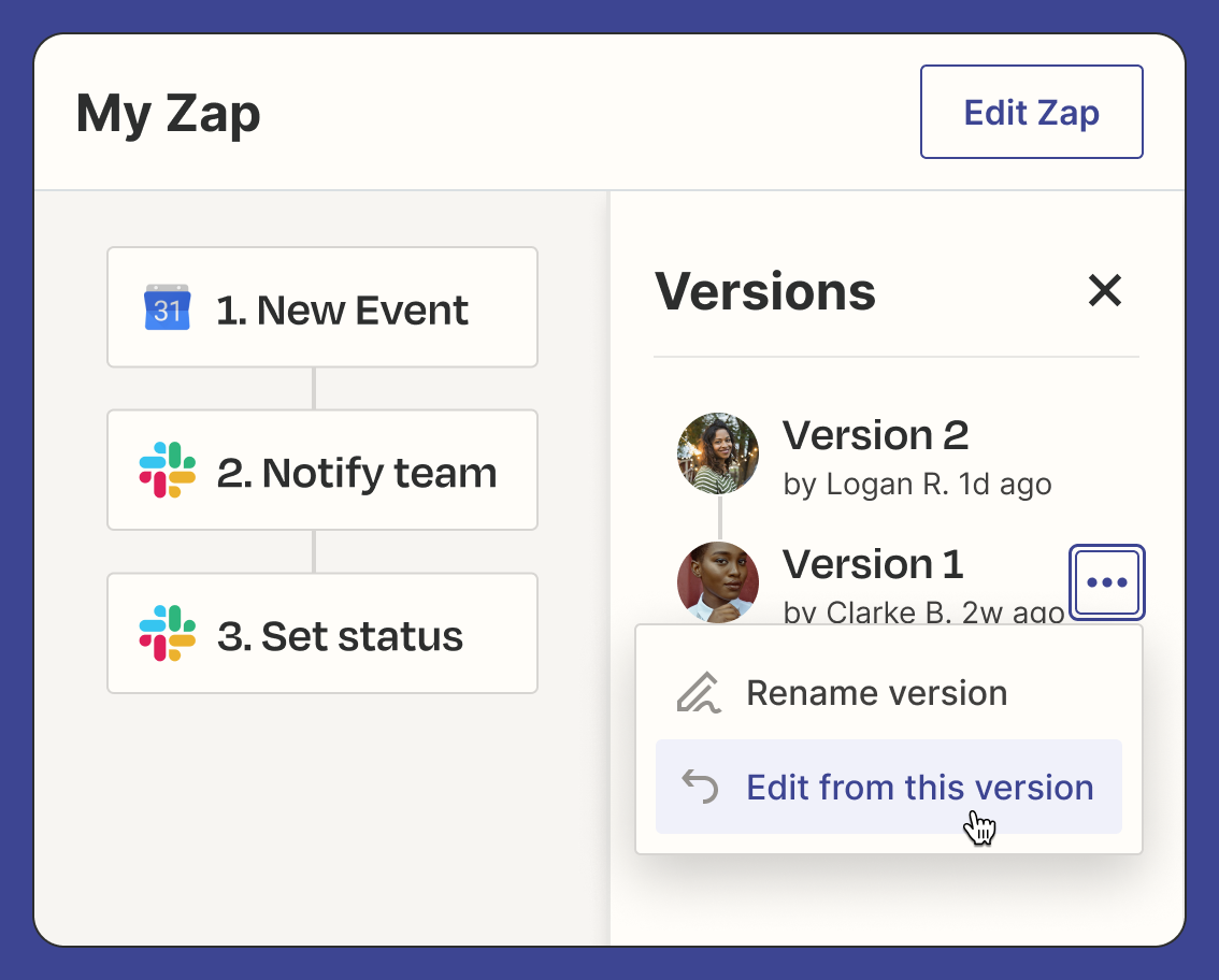 Version history of an sample Zap. The dropdown menu beside version 1 of the Zap displays two options: rename version and edit from this version.