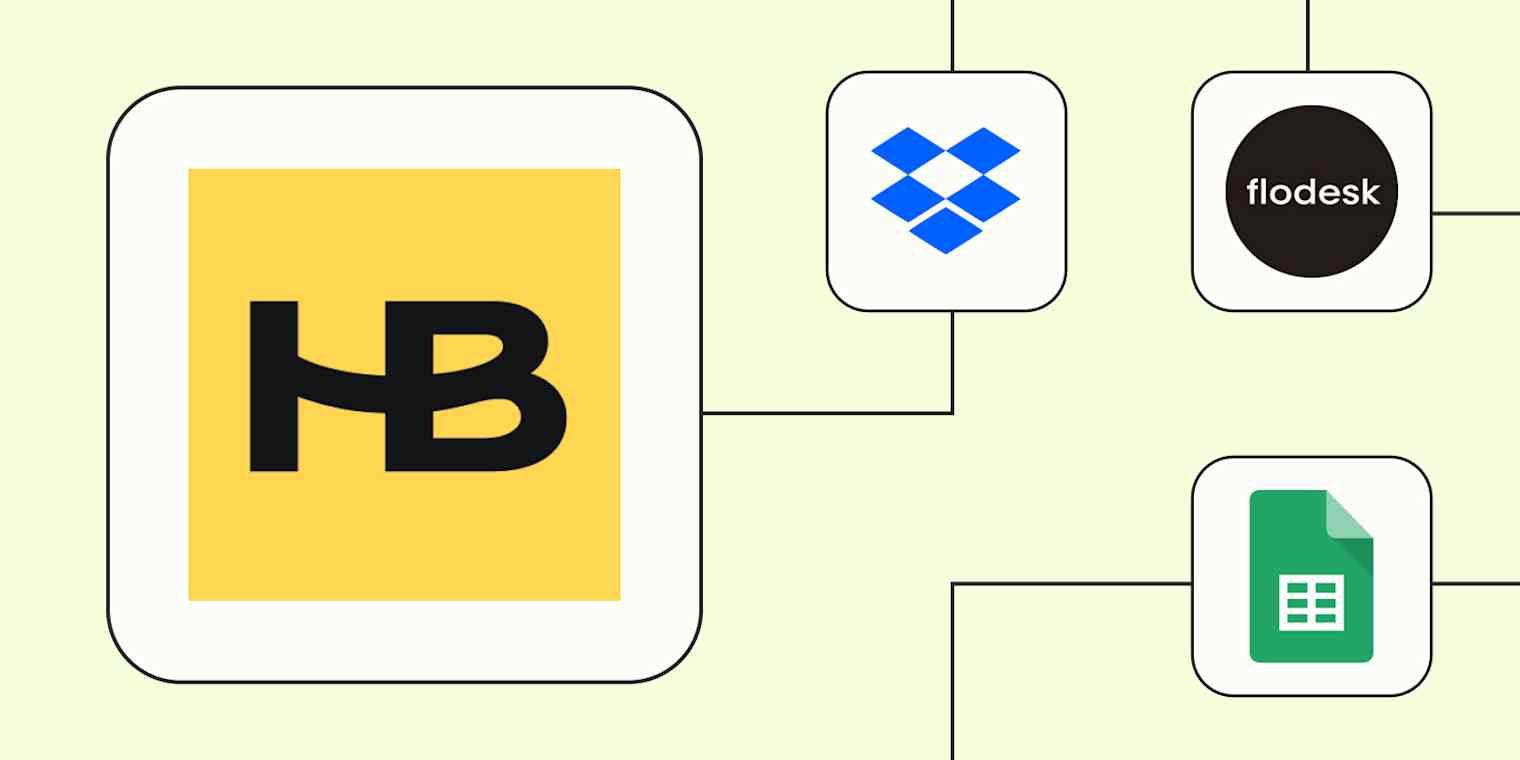 The HoneyBook logo connected to logos for Dropbox, Flodesk, and Google Sheets against a lime background.