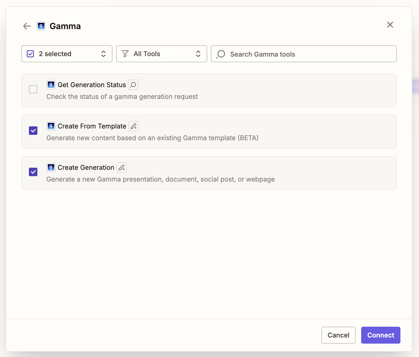 A Zapier MCP modal with two Gamma actions selected