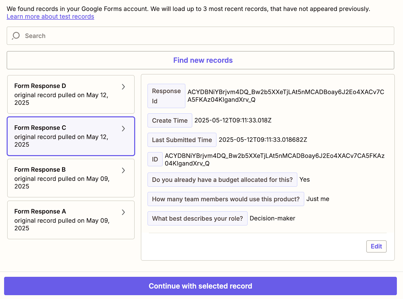 Screenshot of sample form data in Zap