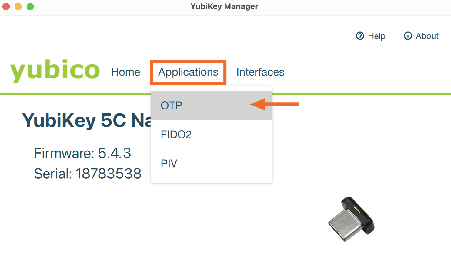 YubiKey-Manager-Anwendung mit ausgewählter OTP-Anwendung.