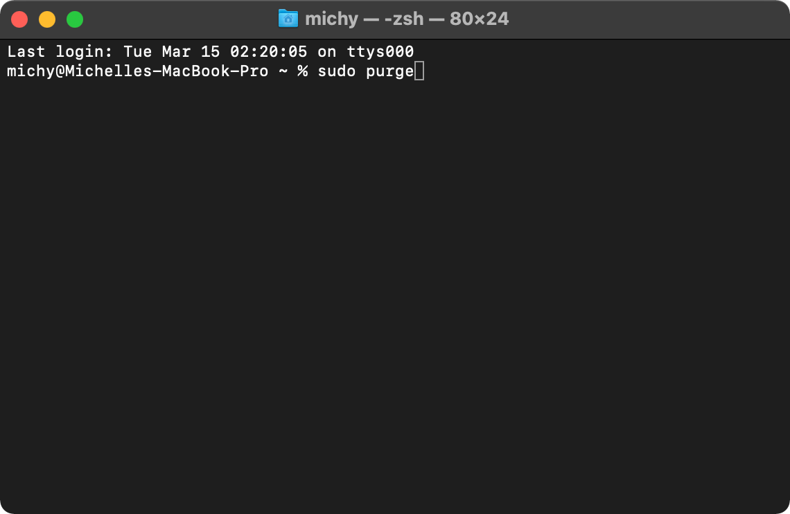 Cleaning RAM and disk cache with the sudo purge command in Mac Terminal