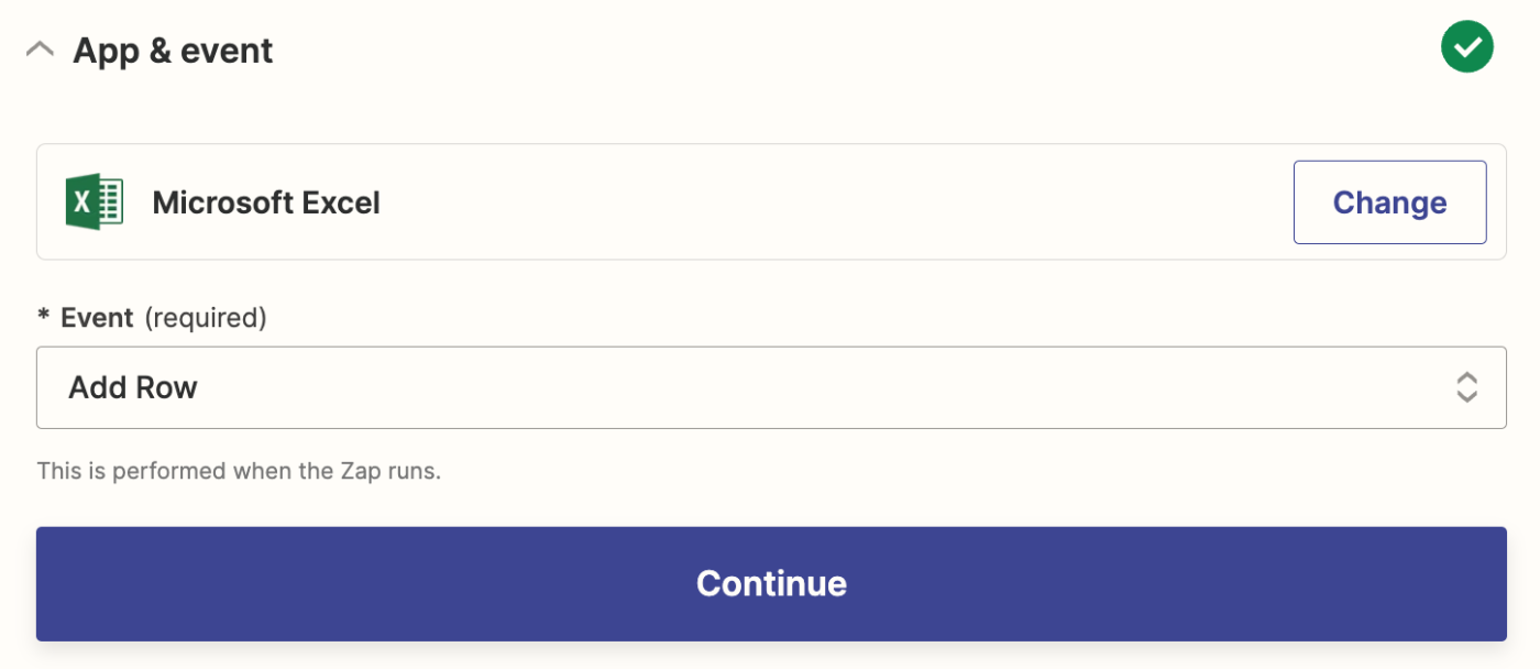 An action step in the Zap editor with Microsoft Excel selected for the action app and Add Row selected for the action event.