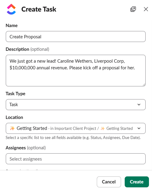 The ClickUp Slack app