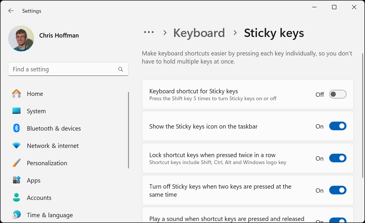 The Sticky Keys settings in Windows 11