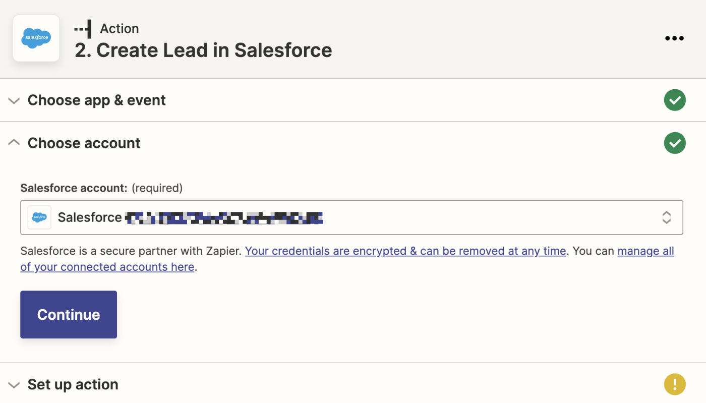A Salesforce account selected in the Salesforce account field.