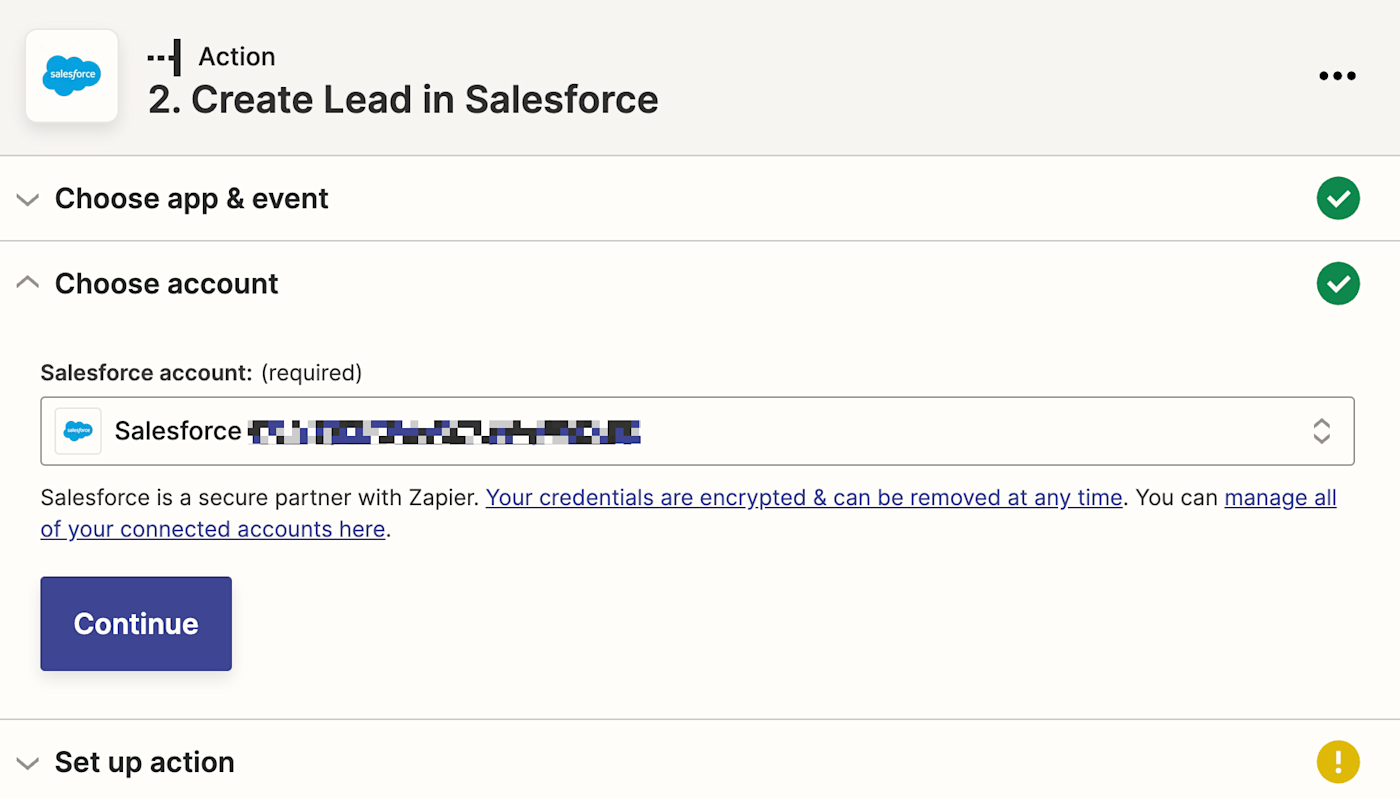 A Salesforce account selected in the Salesforce account field.