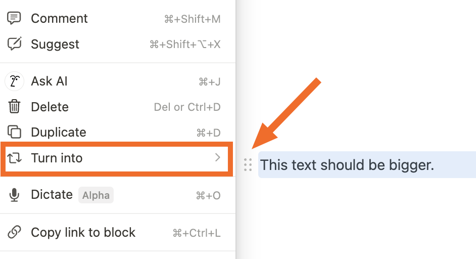 A text block in Notion with its settings menu open, and the "Turn into" menu highlighted.