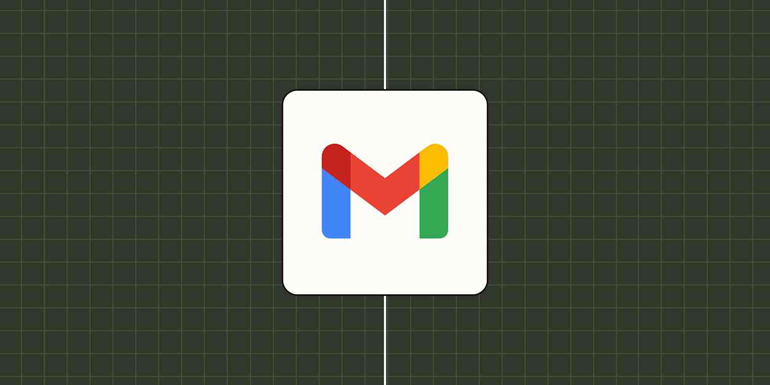 Gmail logo against a checkered green background.