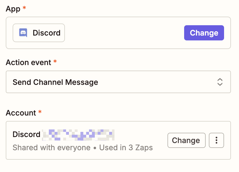 A trigger step in the Zap editor with Discord selected for the trigger app and Send Channel Message for the trigger event.