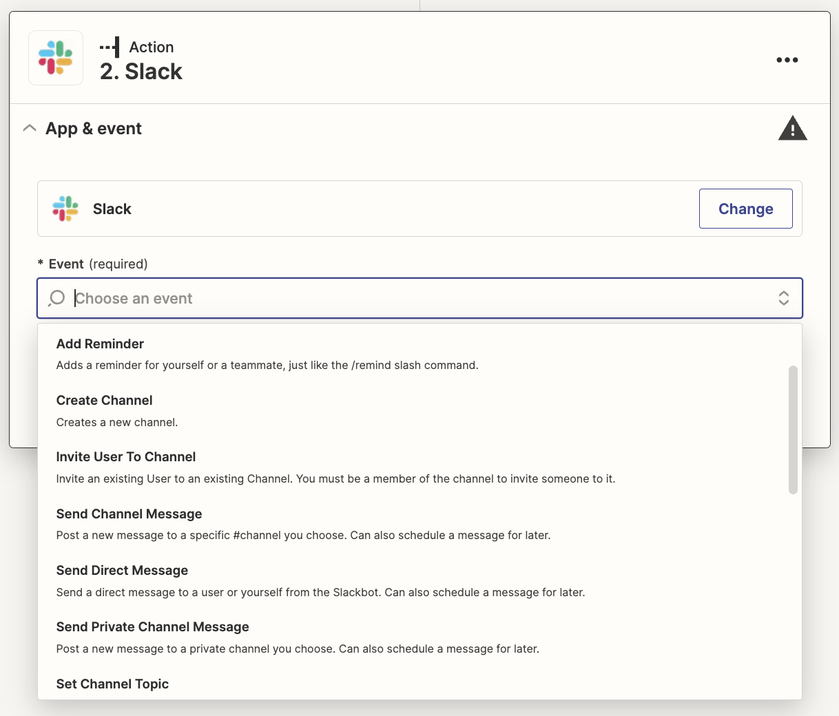 A Slack action step in the Zap editor with the Event dropdown open, showing a variety of trigger events for Slack.