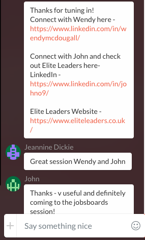 Links to LinkedIn profiles in the Crowdcast chat