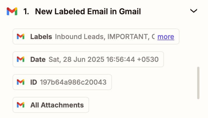 A window showing mapped labels, date, ID, and all attachments