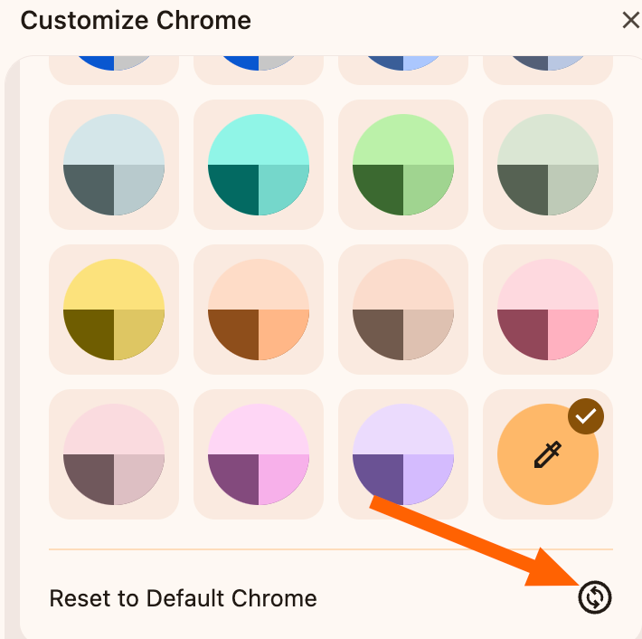 In the Chrome customization sidebar, click the arrows icon next to "Reset to Default Chrome."