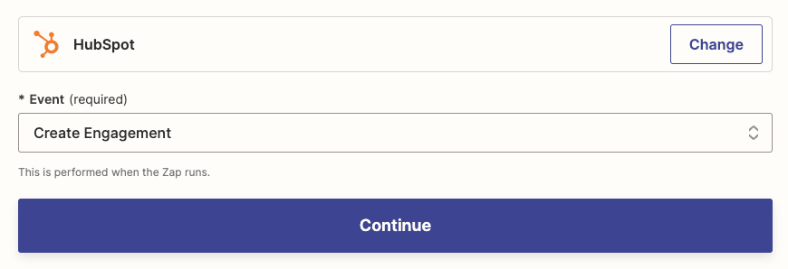 Select HubSpot and the Create Engagement event for the Zap step.