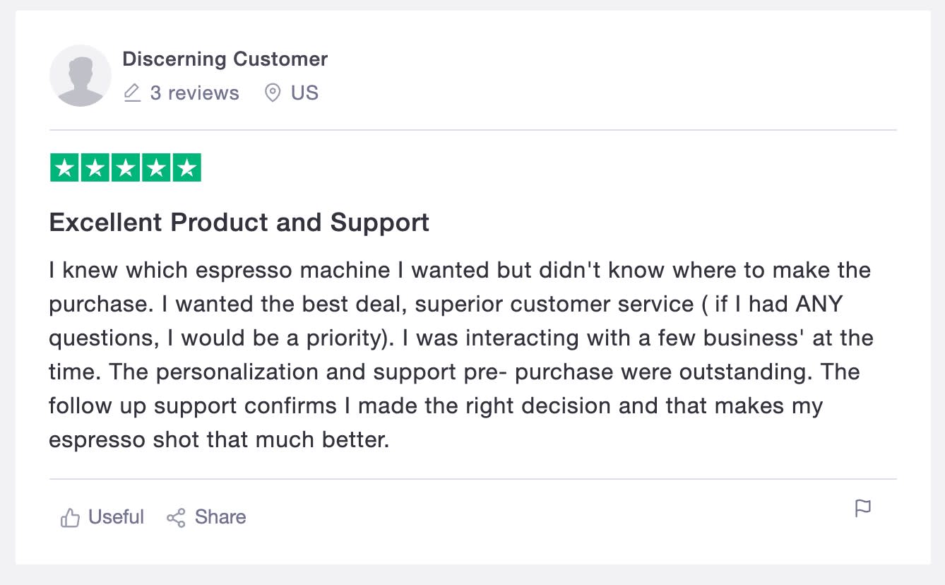 A positive customer review from "Discerning Customer"