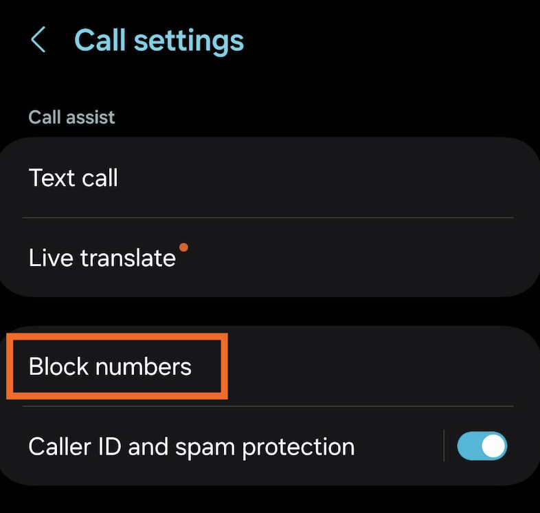 Call settings on an Android device with block numbers highlighted.