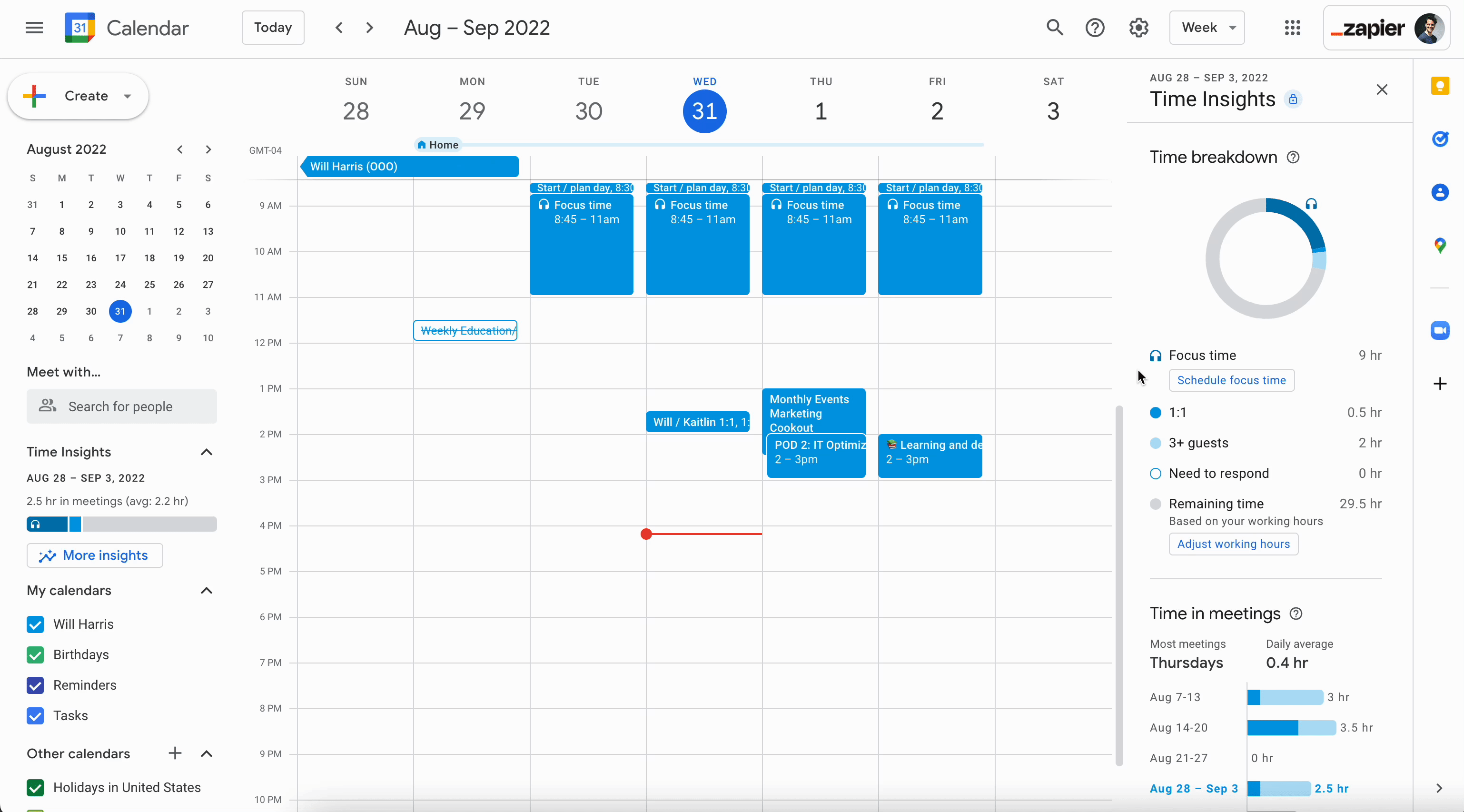A gif of the full Time Insights panel in Google Calendar.