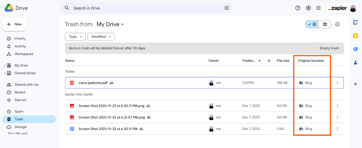 Recently deleted files in the Google Drive Trash folder. Every file listed also displays its original folder location.