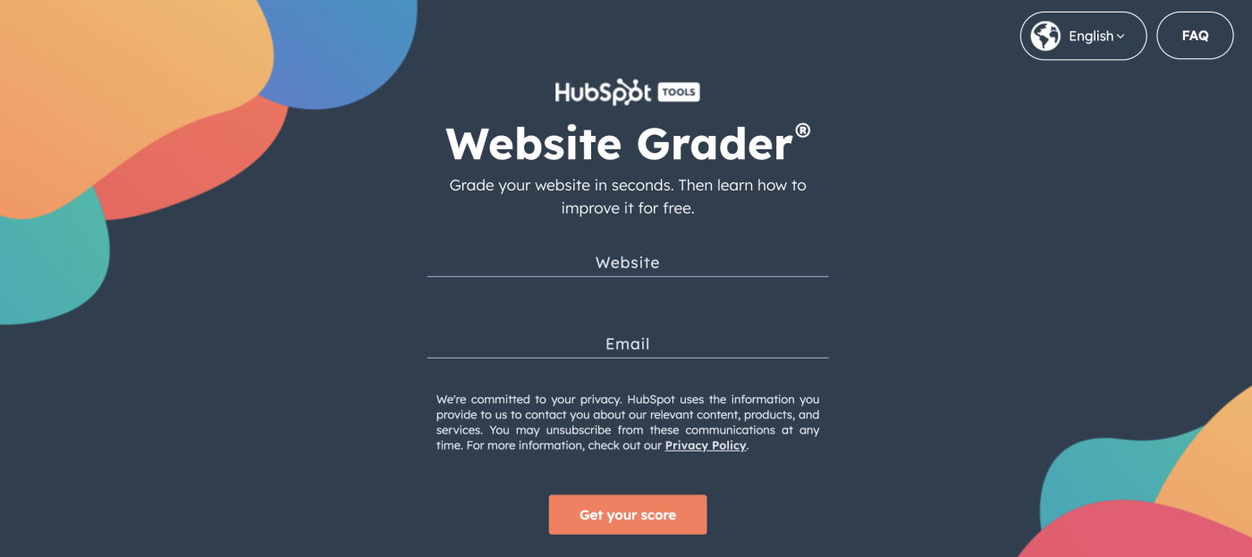 HubSpot Website Grader with sections to fill in your website and email 