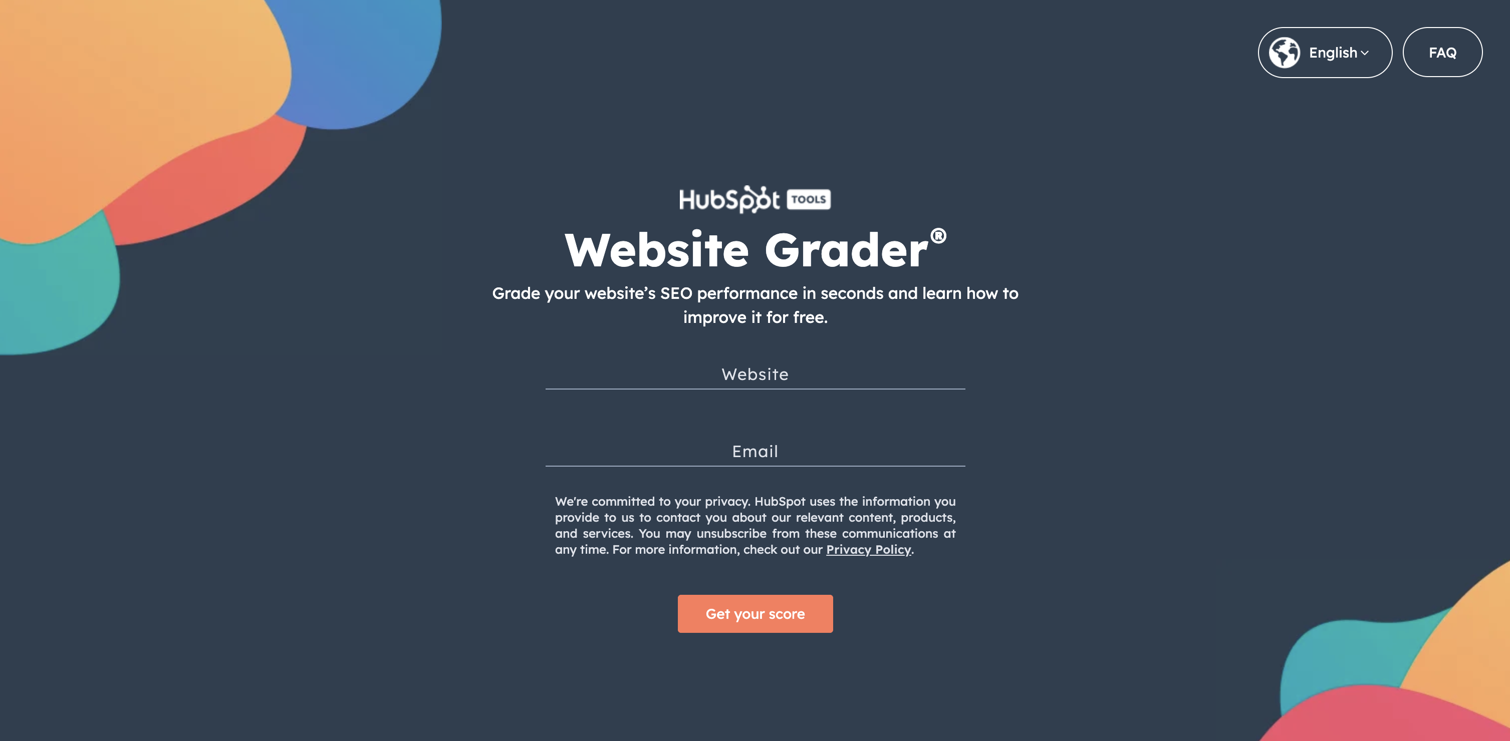 HubSpot Website Grader with sections to fill in your website and email