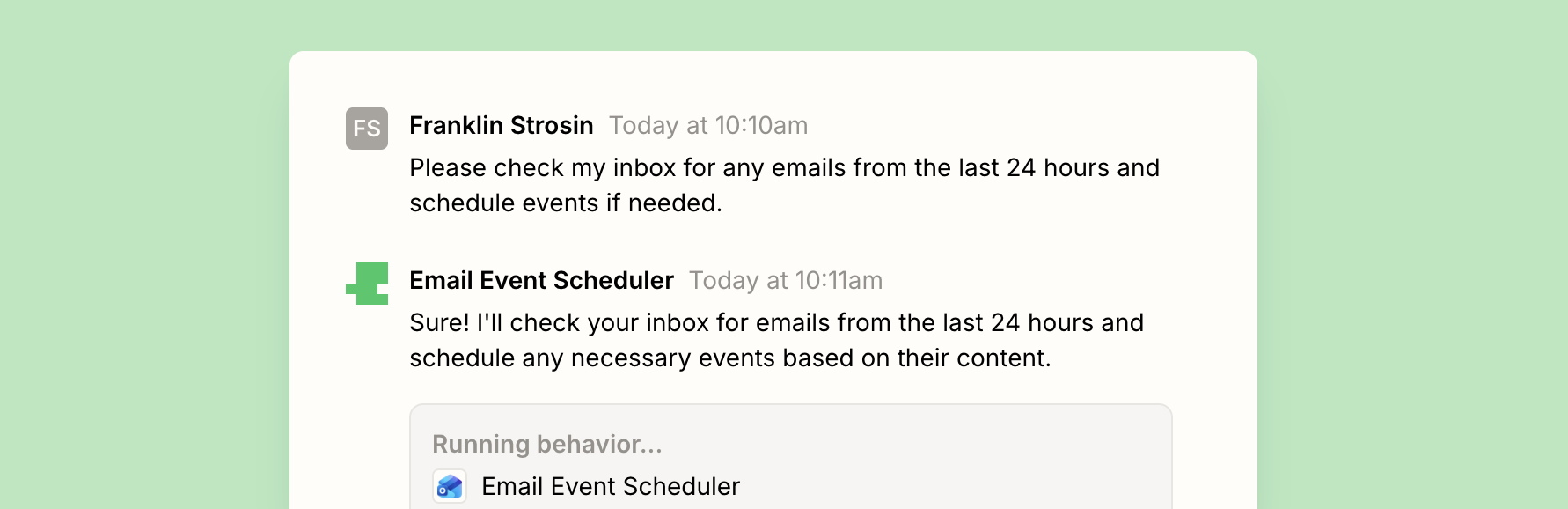 A conversation with an AI assistant built on Zapier Agents about checking an inbox for emails and scheduling events